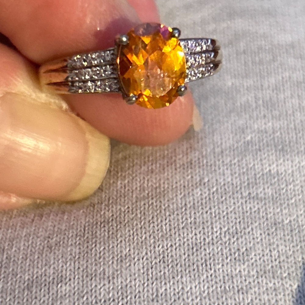 Orange Topaz set in .925 Silver and genuine diamonds, size 9.5 Women's Ring